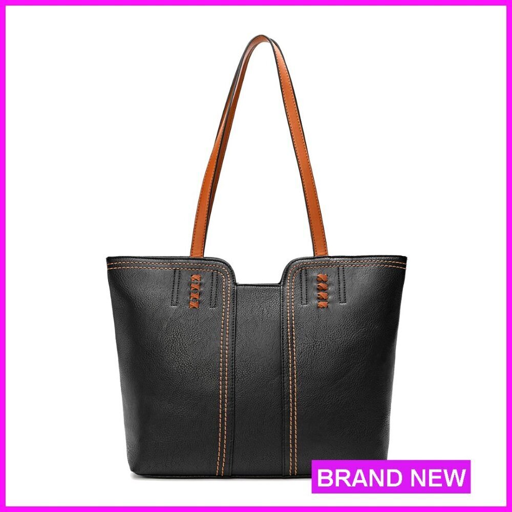 Large Vegan Leather Tote Bag with Top Zipper and Multiple Pockets